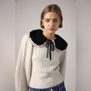 Zara Cream Cable Knit Sweater with Black Velvet Peter Pan Collar Lolita Goth